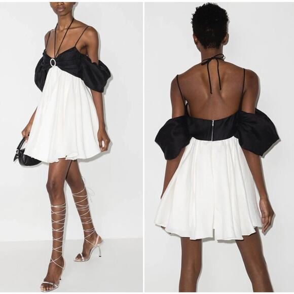 NWT Rasario Linen Off Shoulder Mini Dress, Black/White/Crystal, FR36/US4 - Picture 1 of 14